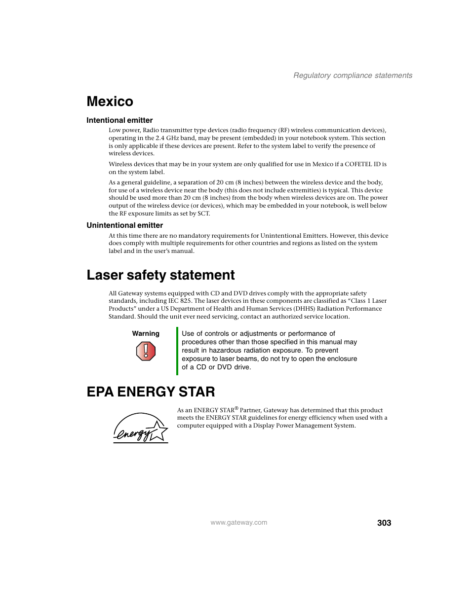 Mexico, Laser safety statement, Epa energy star | Gateway M350 User Manual | Page 313 / 334