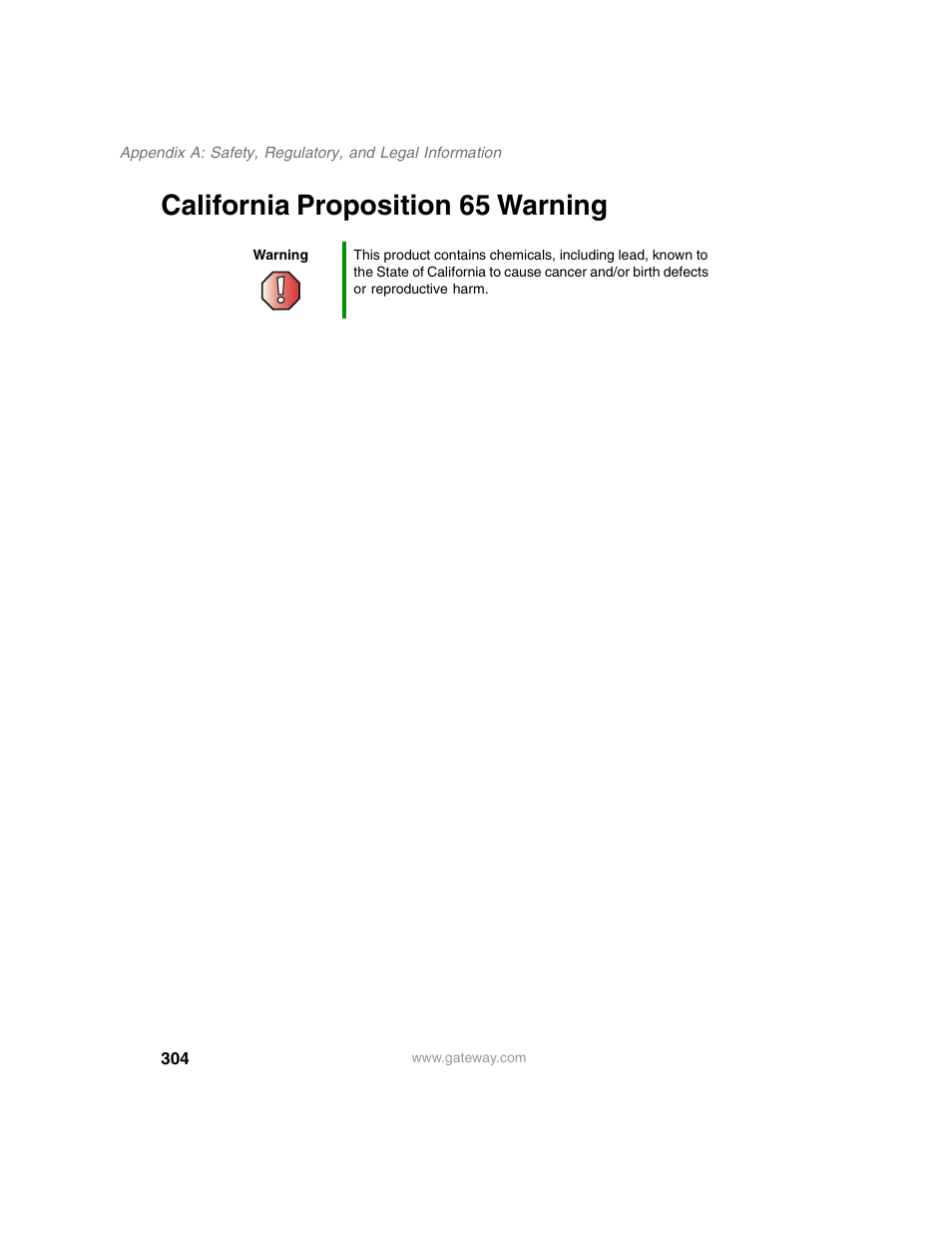 California proposition 65 warning | Gateway M350 User Manual | Page 314 / 334