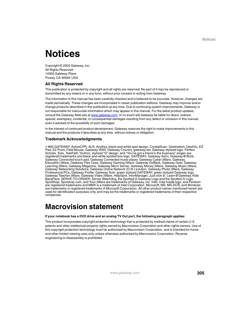 Notices, Macrovision statement | Gateway M350 User Manual | Page 315 / 334