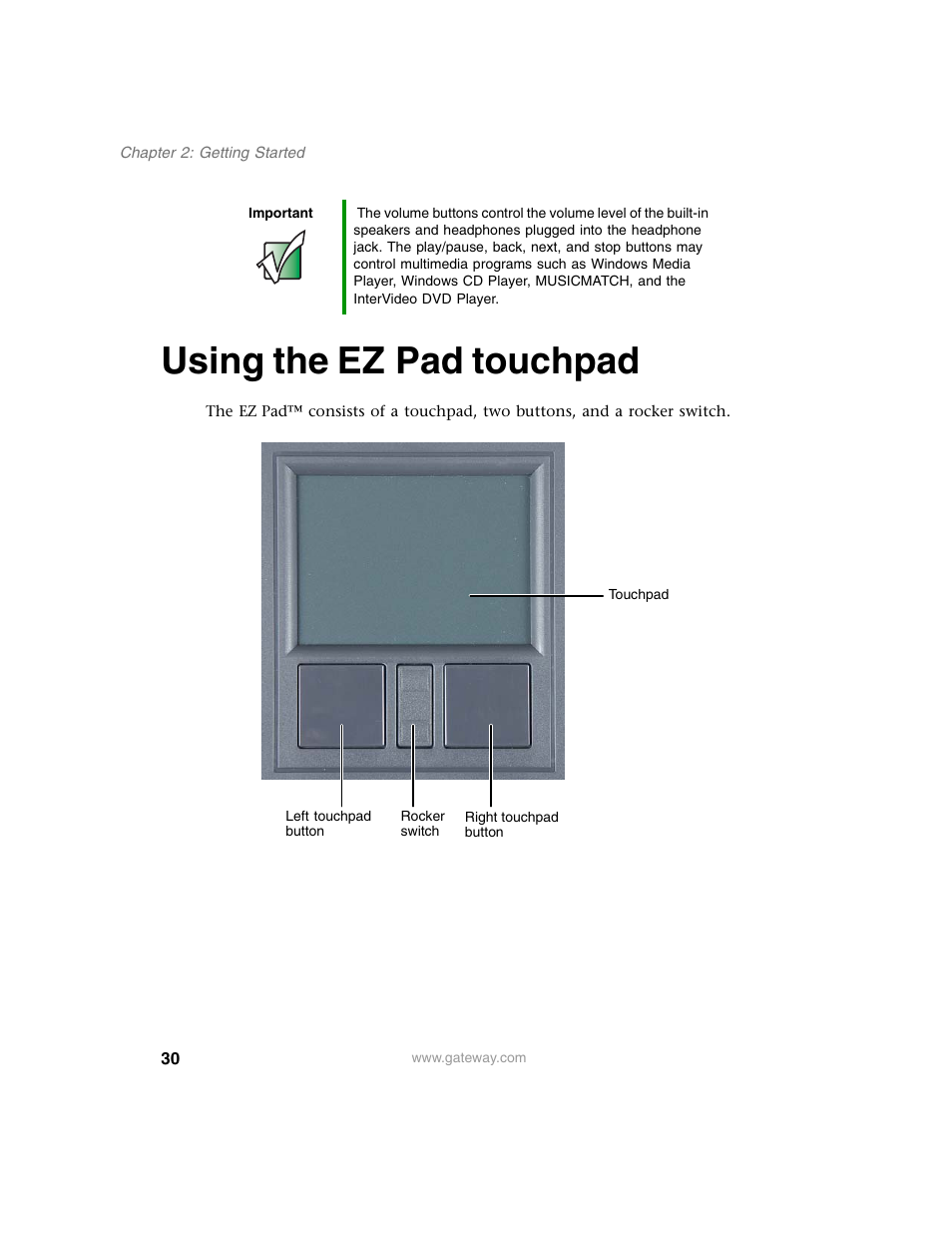 Using the ezpad touchpad, Using the ez pad touchpad, Using the ez pad touchpad” on | Gateway M350 User Manual | Page 40 / 334