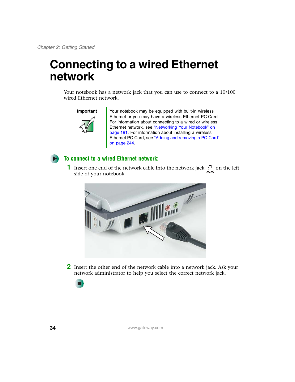 Connecting to a wired ethernet network, Connecting to a wired ethernet | Gateway M350 User Manual | Page 44 / 334