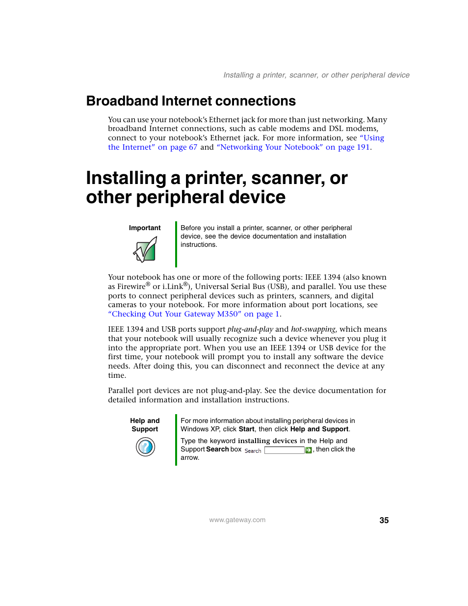 Broadband internet connections, For m | Gateway M350 User Manual | Page 45 / 334