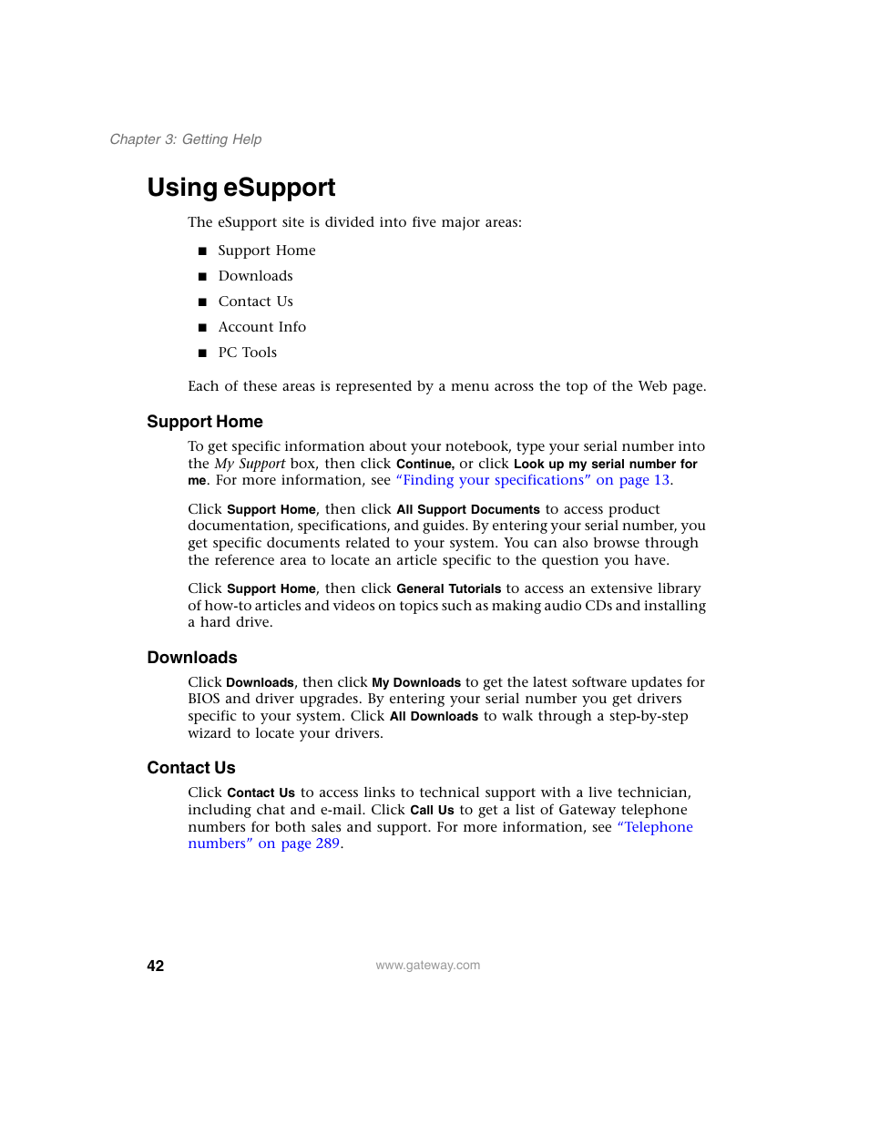 Using esupport, Support home, Downloads | Contact us | Gateway M350 User Manual | Page 52 / 334