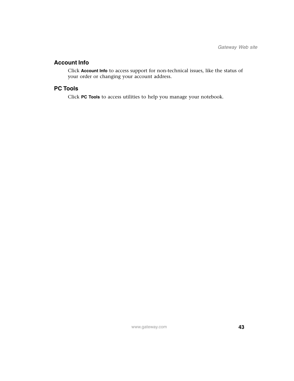 Account info, Pc tools | Gateway M350 User Manual | Page 53 / 334