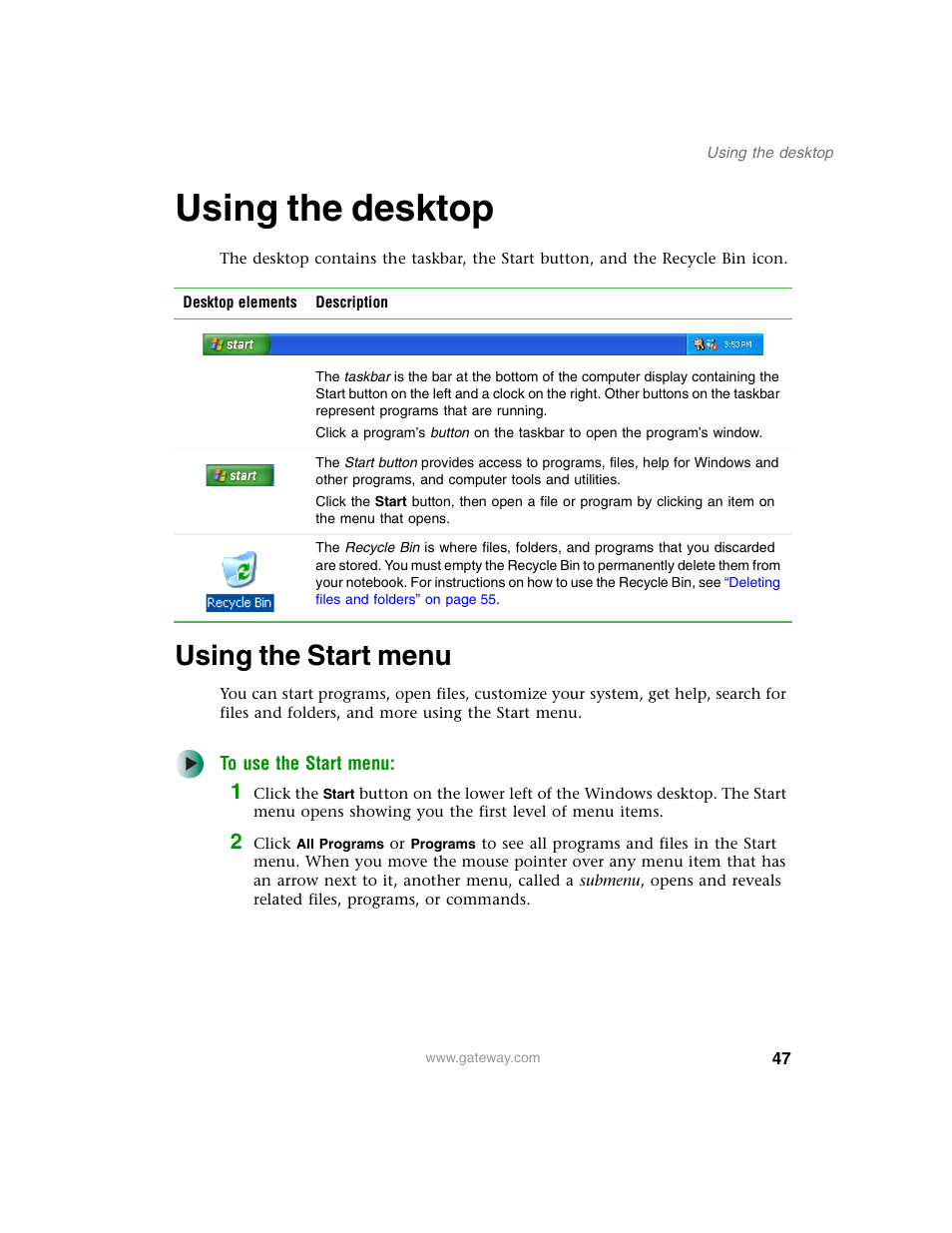 Using the desktop, Using the start menu | Gateway M350 User Manual | Page 57 / 334