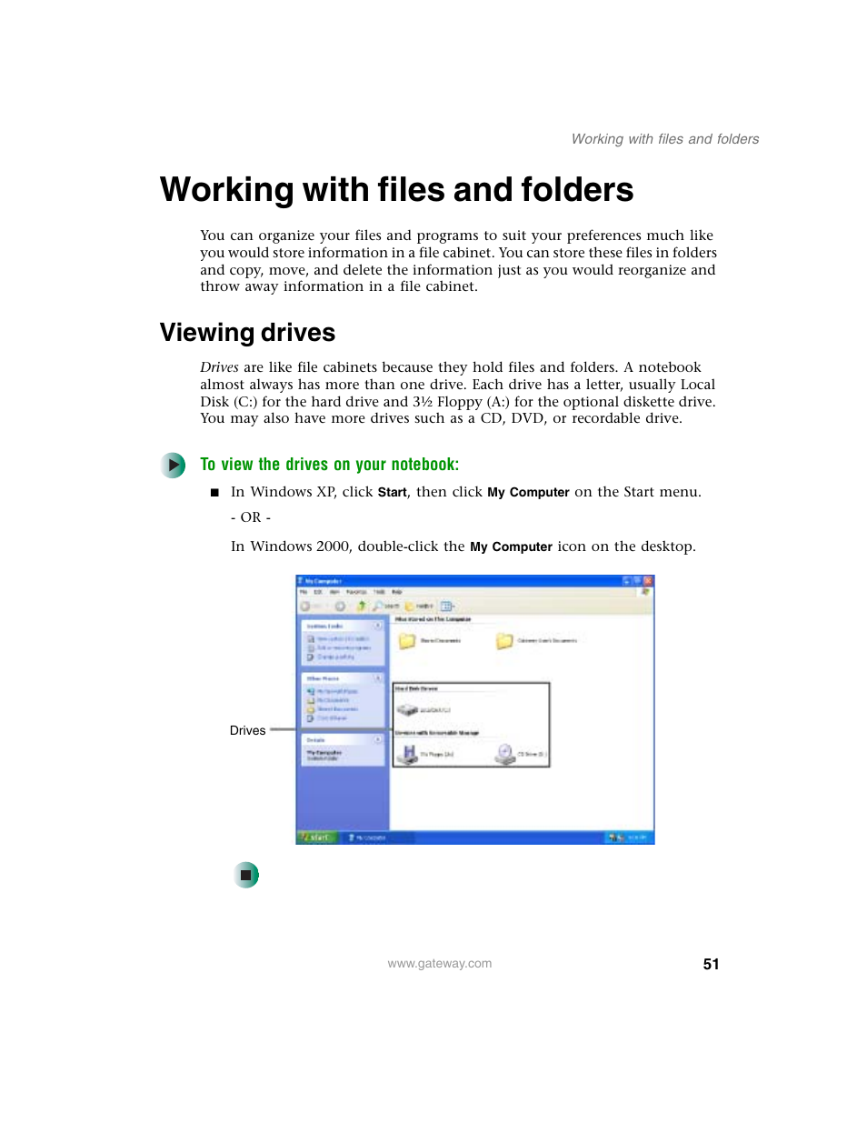 Working with files and folders, Viewing drives | Gateway M350 User Manual | Page 61 / 334