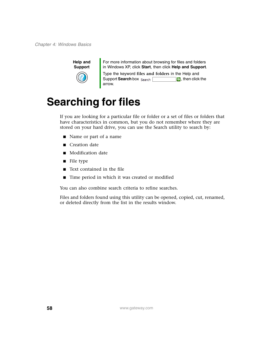 Searching for files, Searching for files” on | Gateway M350 User Manual | Page 68 / 334