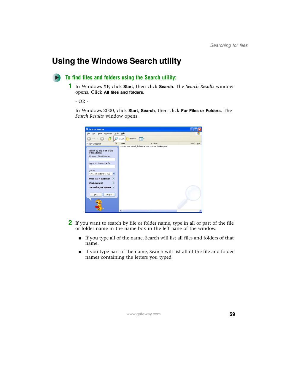 Using the windows search utility | Gateway M350 User Manual | Page 69 / 334