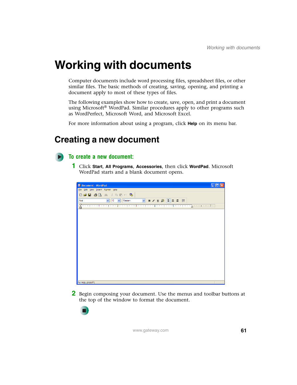 Working with documents, Creating a new document | Gateway M350 User Manual | Page 71 / 334
