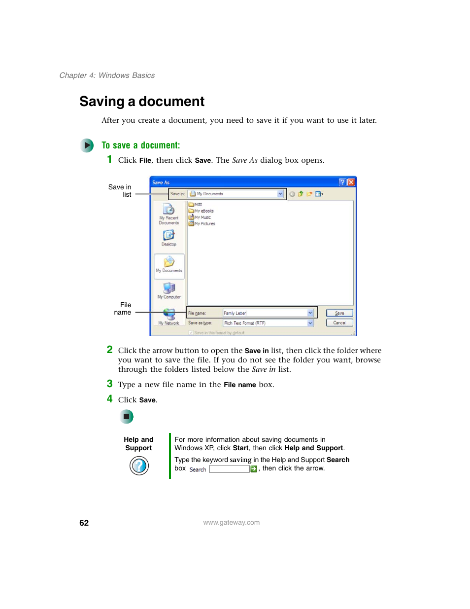 Saving a document | Gateway M350 User Manual | Page 72 / 334