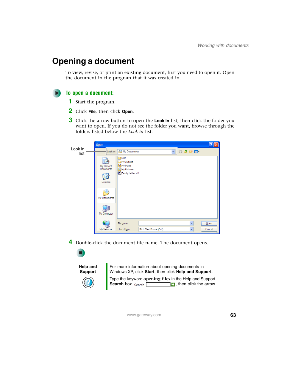 Opening a document | Gateway M350 User Manual | Page 73 / 334