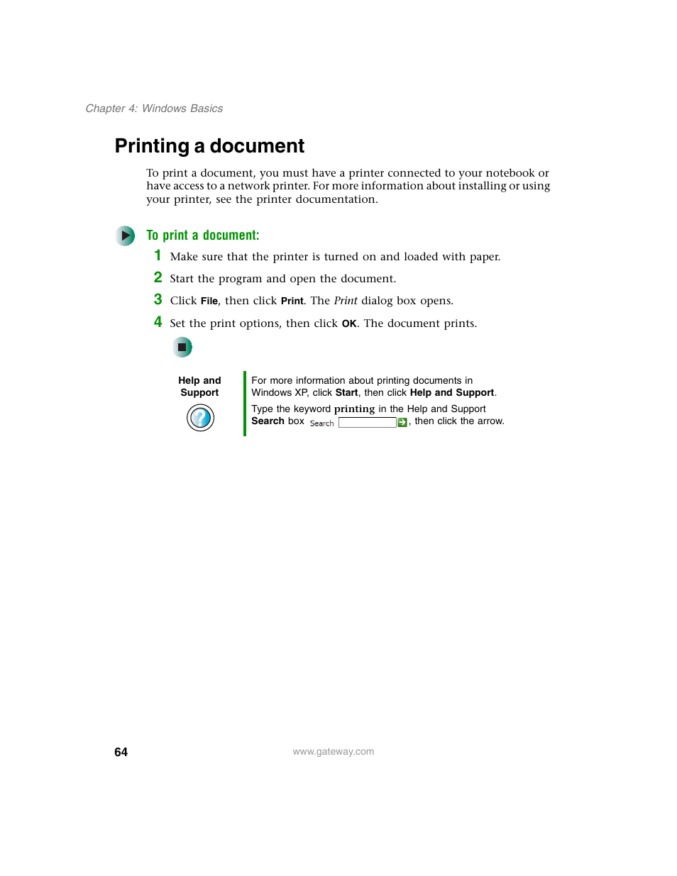 Printing a document | Gateway M350 User Manual | Page 74 / 334