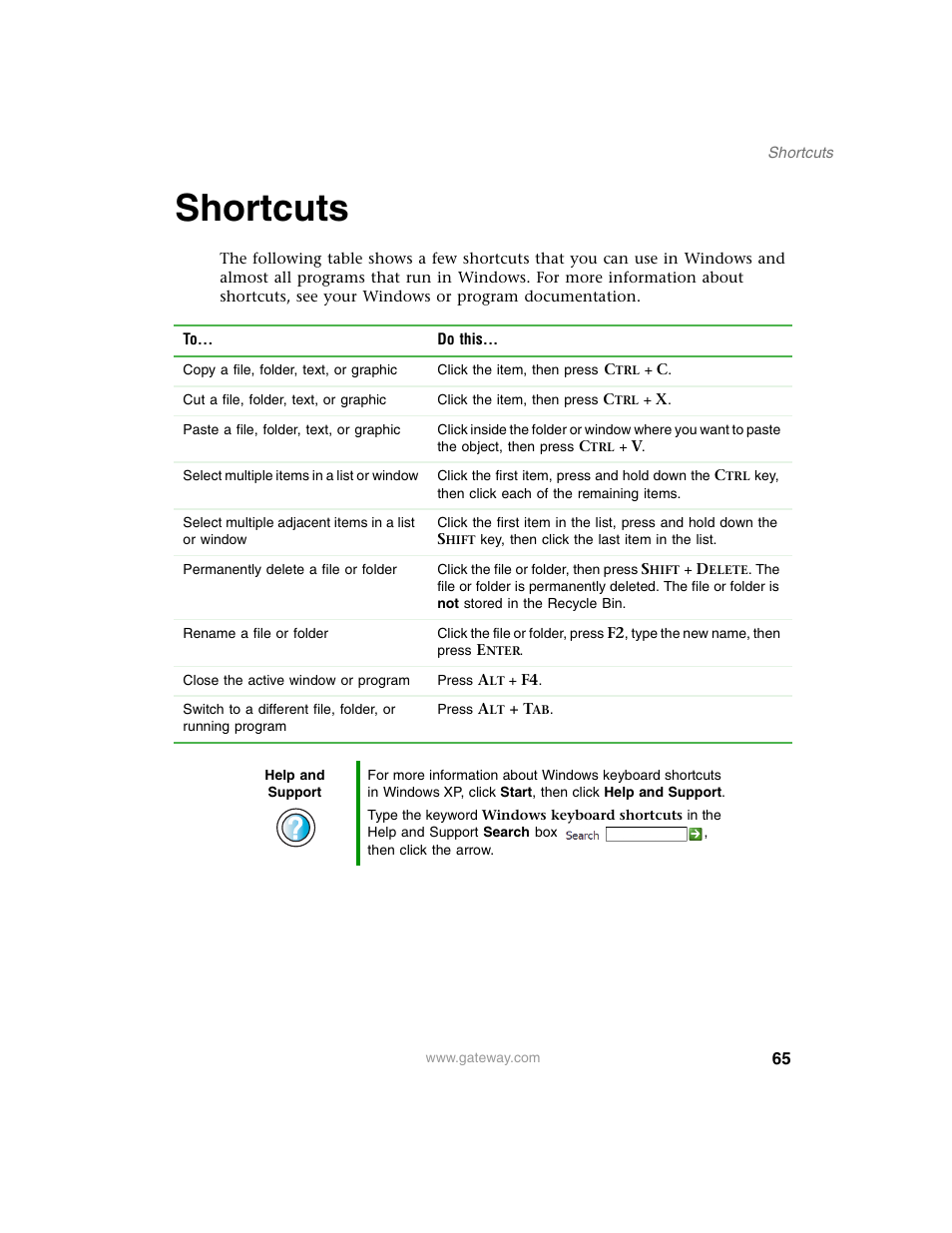 Shortcuts | Gateway M350 User Manual | Page 75 / 334