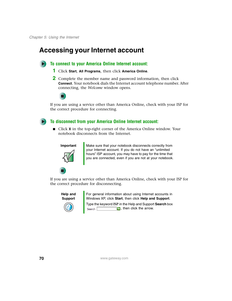 Accessing your internet account | Gateway M350 User Manual | Page 80 / 334