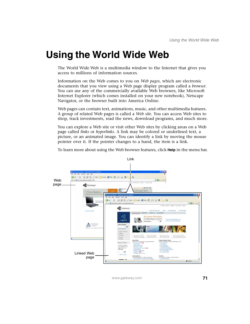 Using the worldwideweb, Using the world wide web | Gateway M350 User Manual | Page 81 / 334