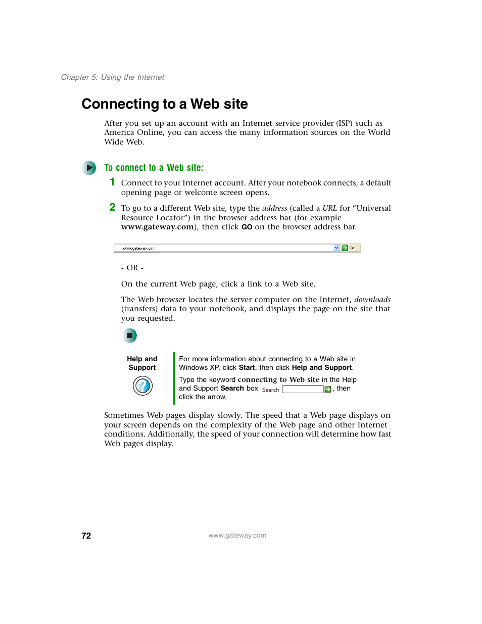 Connecting to a website, Connecting to a web site | Gateway M350 User Manual | Page 82 / 334