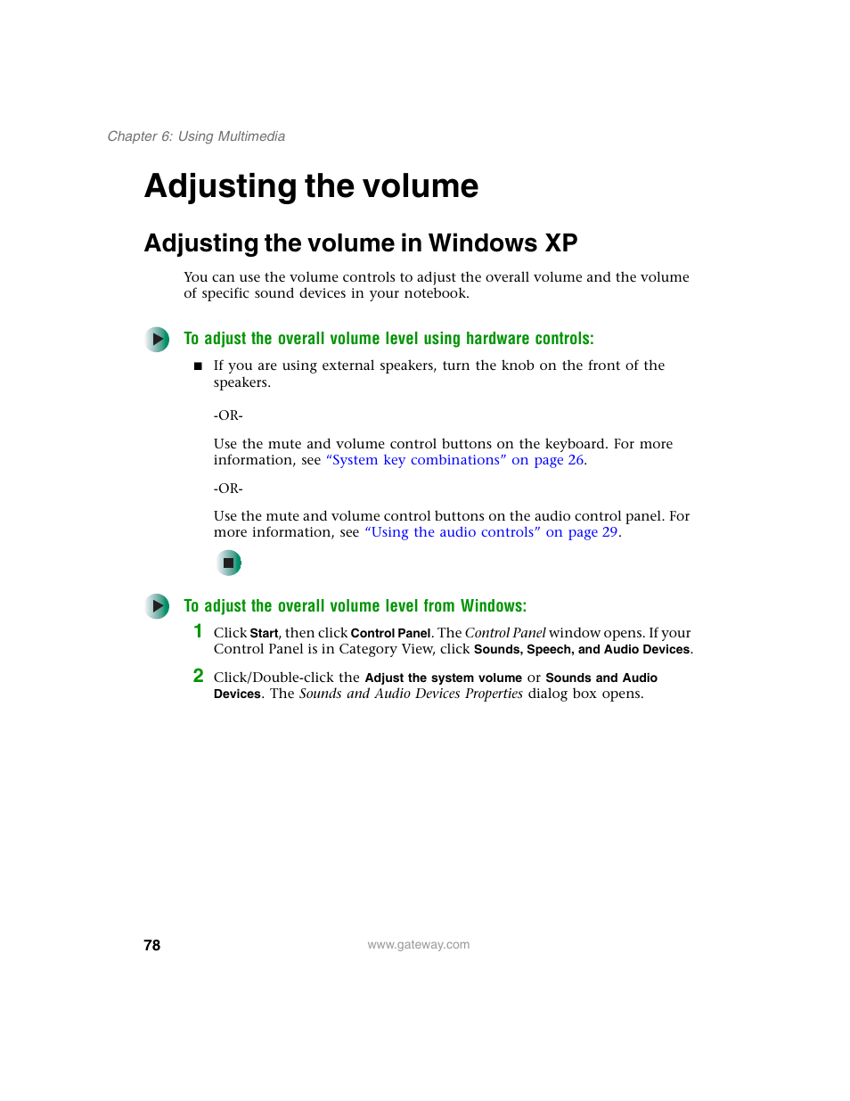 Adjusting the volume, Adjusting the volume in windowsxp, Adjusting the volume in windows xp | Adjusting the volume” on, Adjusting the | Gateway M350 User Manual | Page 88 / 334