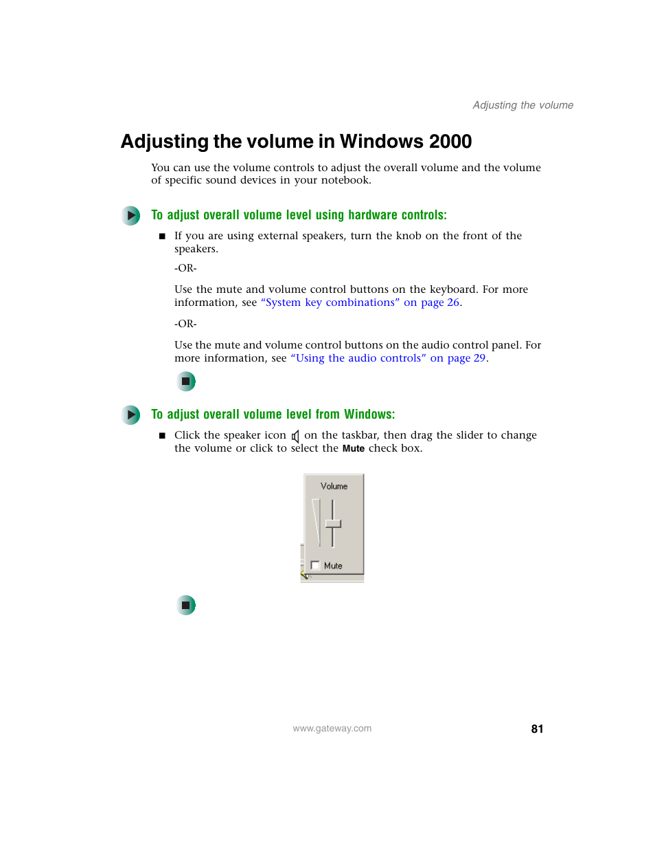 Adjusting the volume in windows2000, Adjusting the volume in windows 2000 | Gateway M350 User Manual | Page 91 / 334