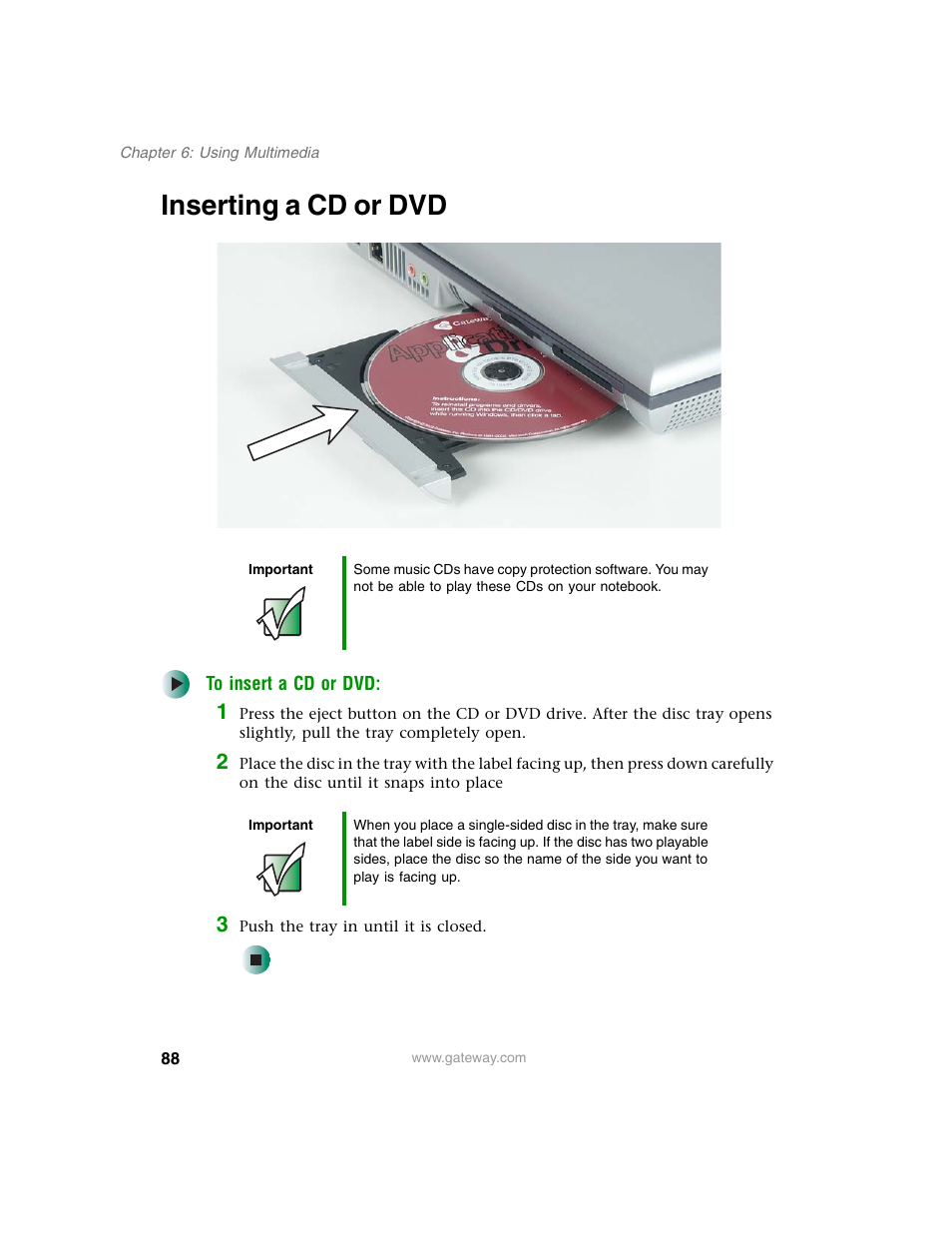 Inserting a cd or dvd | Gateway M350 User Manual | Page 98 / 334