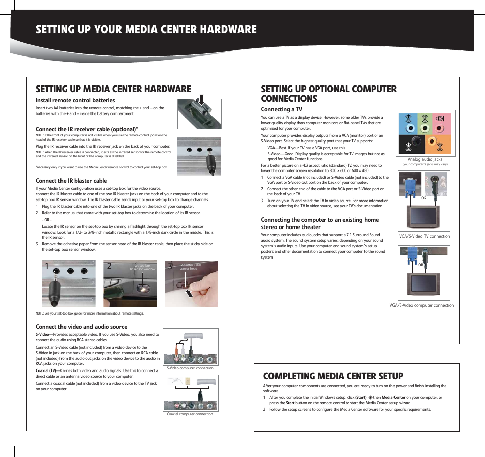 Setting up your media center hardware, Setting up media center hardware, Completing media center setup | Setting up optional computer connections | Gateway GM5478 User Manual | Page 2 / 2