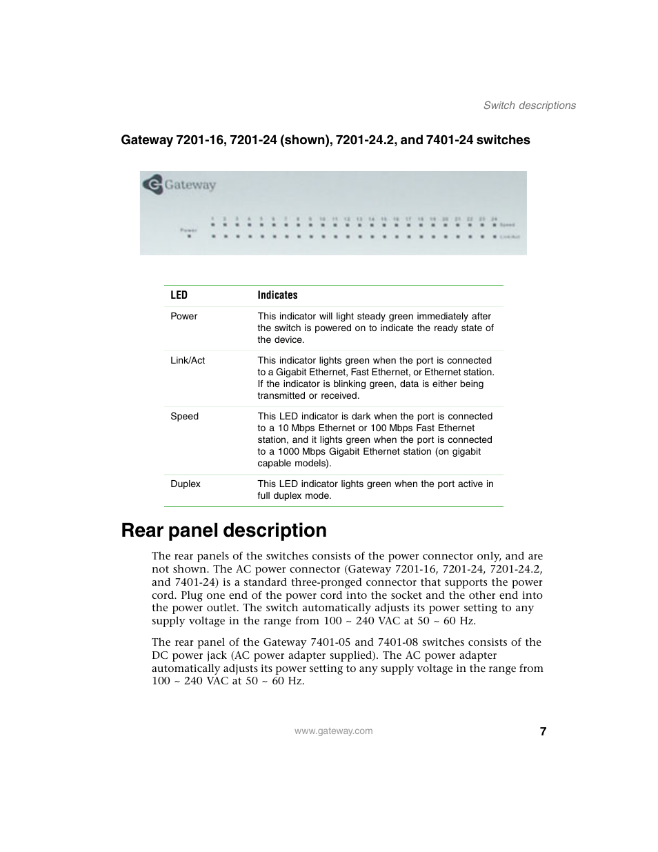 Rear panel description | Gateway Unmanaged Ethernet Switch User Manual | Page 10 / 44