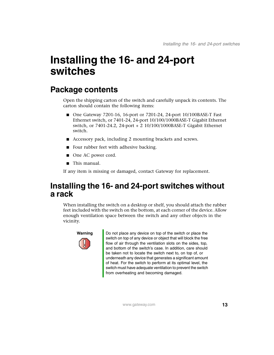 Installing the 16- and 24-port switches, Package contents | Gateway Unmanaged Ethernet Switch User Manual | Page 16 / 44