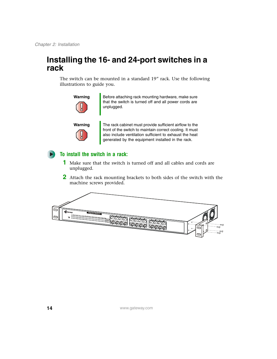 Installing the 16- and 24-port switches in a rack | Gateway Unmanaged Ethernet Switch User Manual | Page 17 / 44