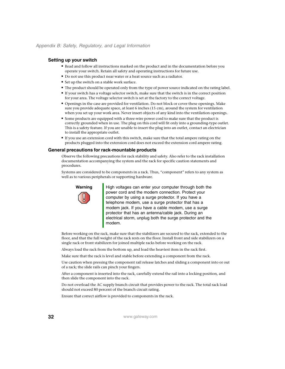 Setting up your switch, General precautions for rack-mountable products | Gateway Unmanaged Ethernet Switch User Manual | Page 35 / 44