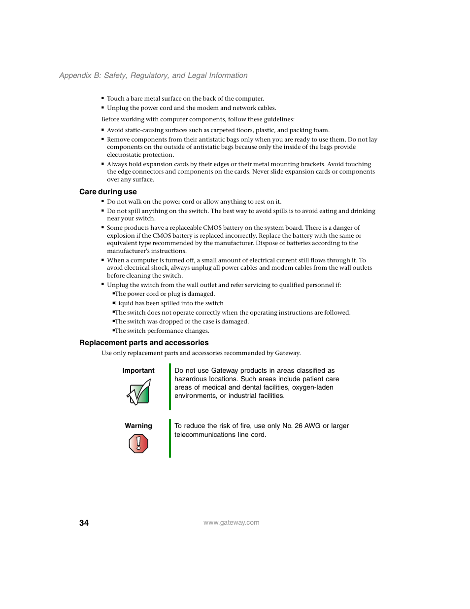 Care during use, Replacement parts and accessories | Gateway Unmanaged Ethernet Switch User Manual | Page 37 / 44