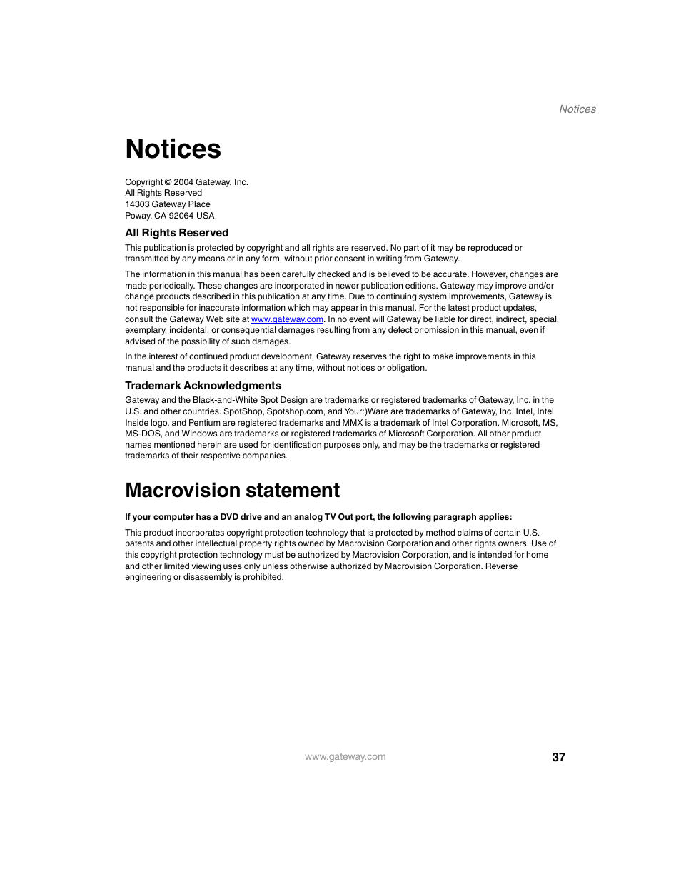 Notices, Macrovision statement | Gateway Unmanaged Ethernet Switch User Manual | Page 40 / 44