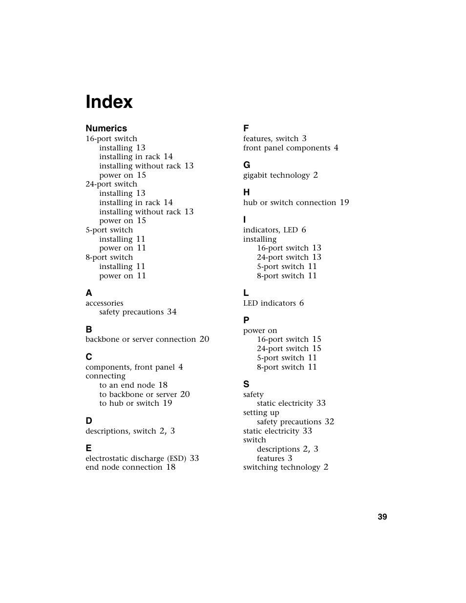 Index, Numerics | Gateway Unmanaged Ethernet Switch User Manual | Page 42 / 44