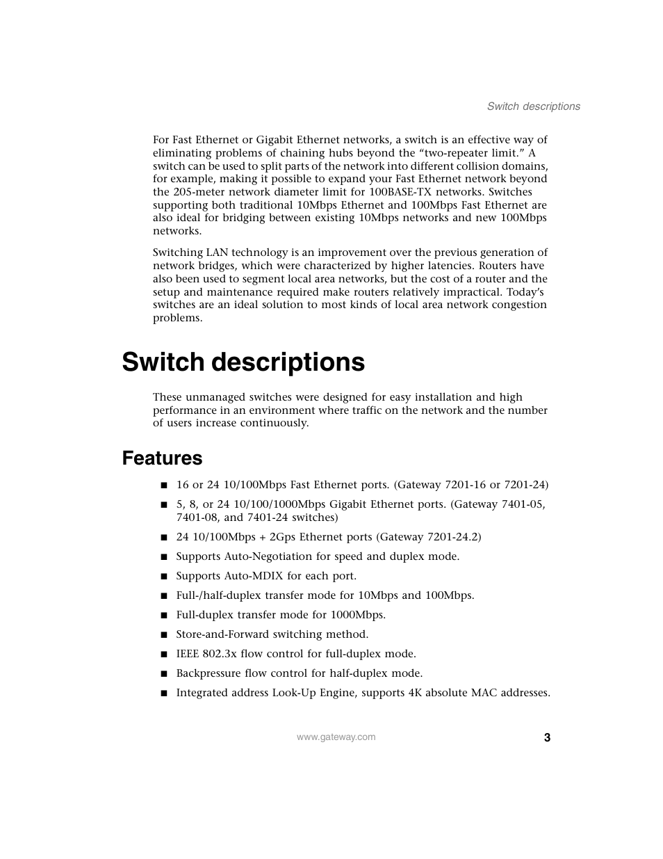 Switch descriptions, Features | Gateway Unmanaged Ethernet Switch User Manual | Page 6 / 44