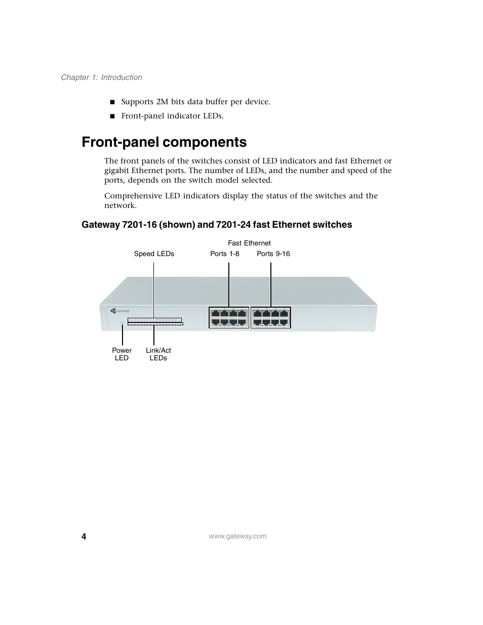 Front-panel components | Gateway Unmanaged Ethernet Switch User Manual | Page 7 / 44