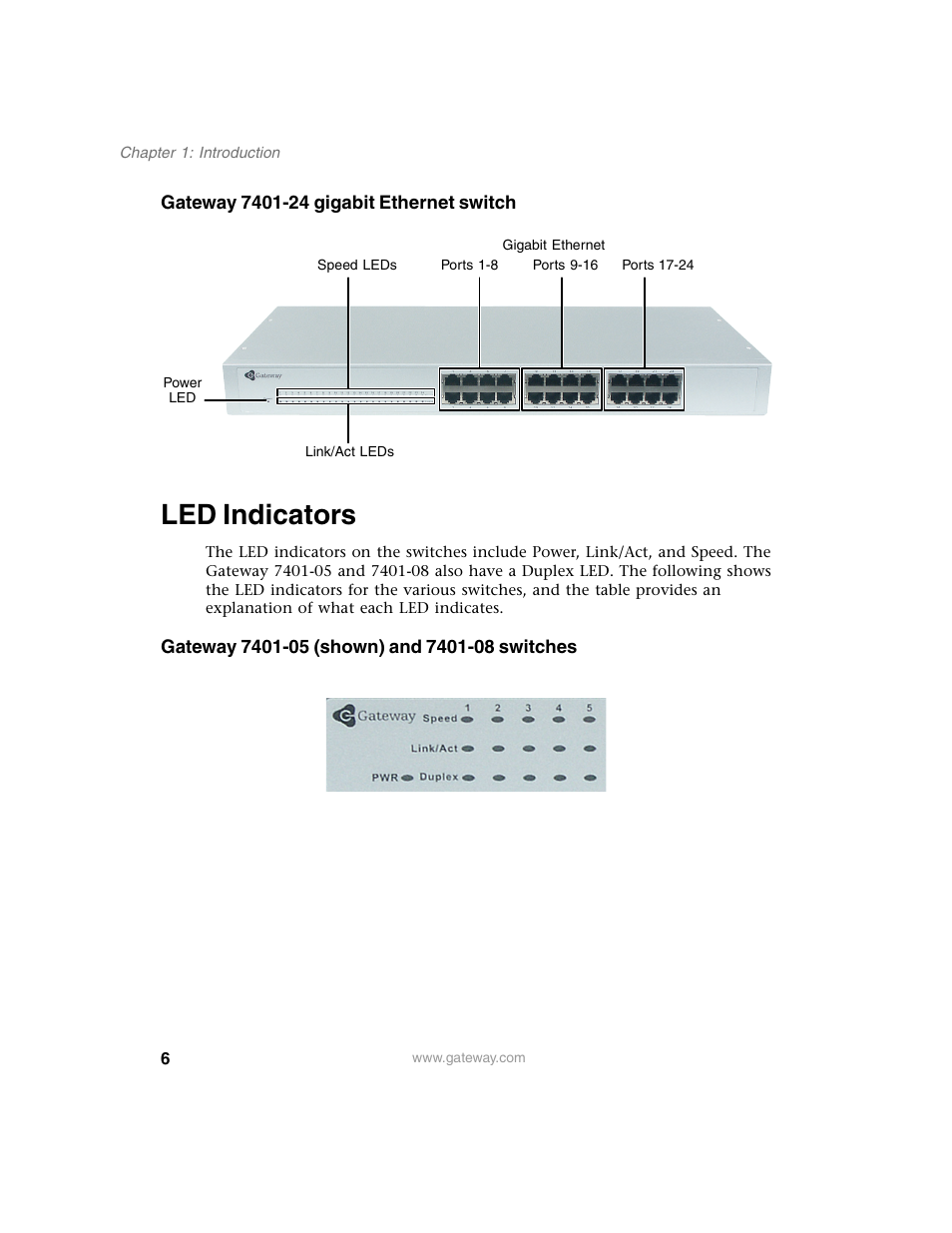 Gateway 7401-24 gigabit ethernet switch, Led indicators, Gateway 7401-05 (shown) and 7401-08 switches | Gateway Unmanaged Ethernet Switch User Manual | Page 9 / 44