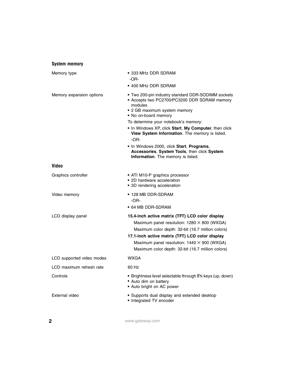 System memory, Video | Gateway M675 User Manual | Page 2 / 10