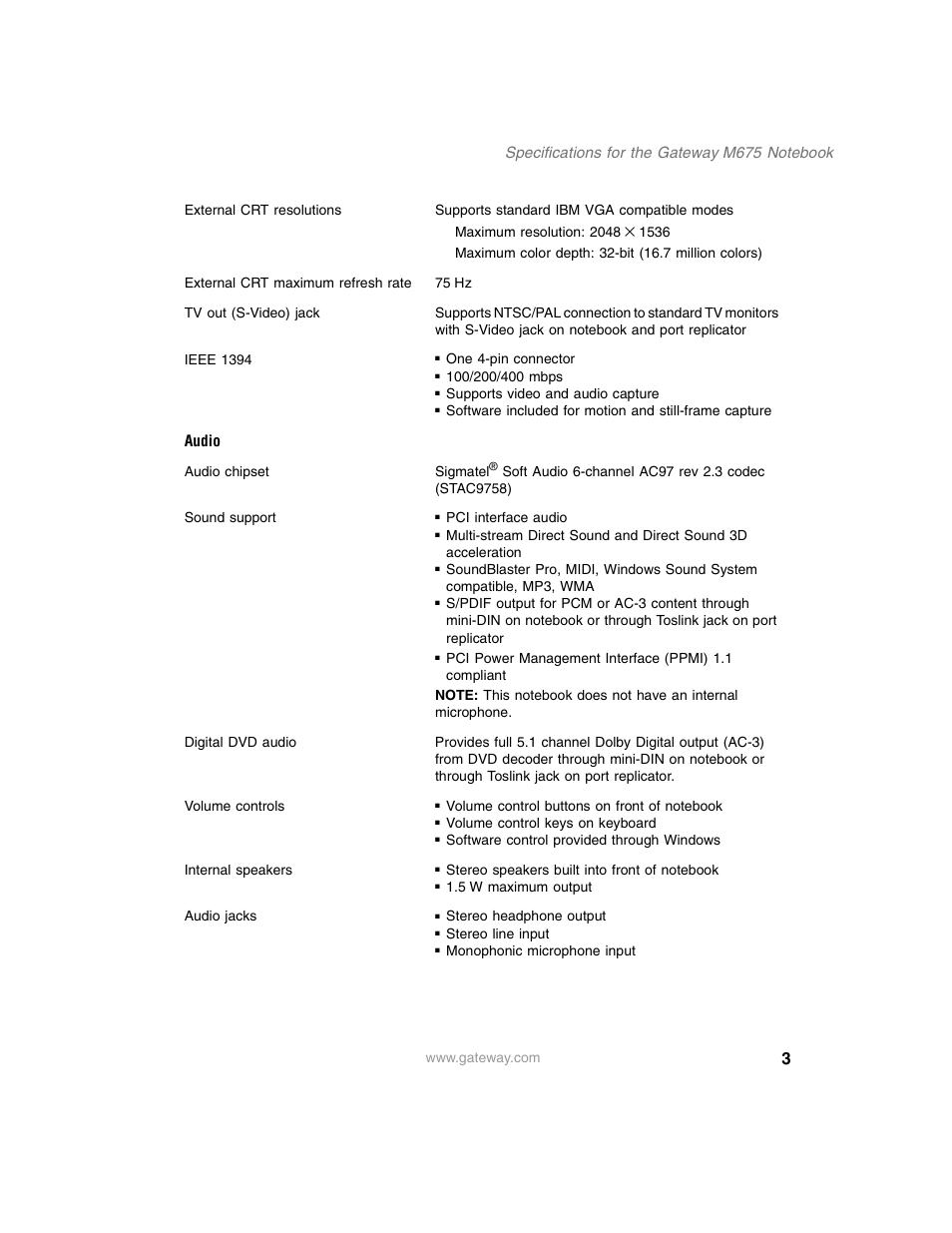 Audio | Gateway M675 User Manual | Page 3 / 10