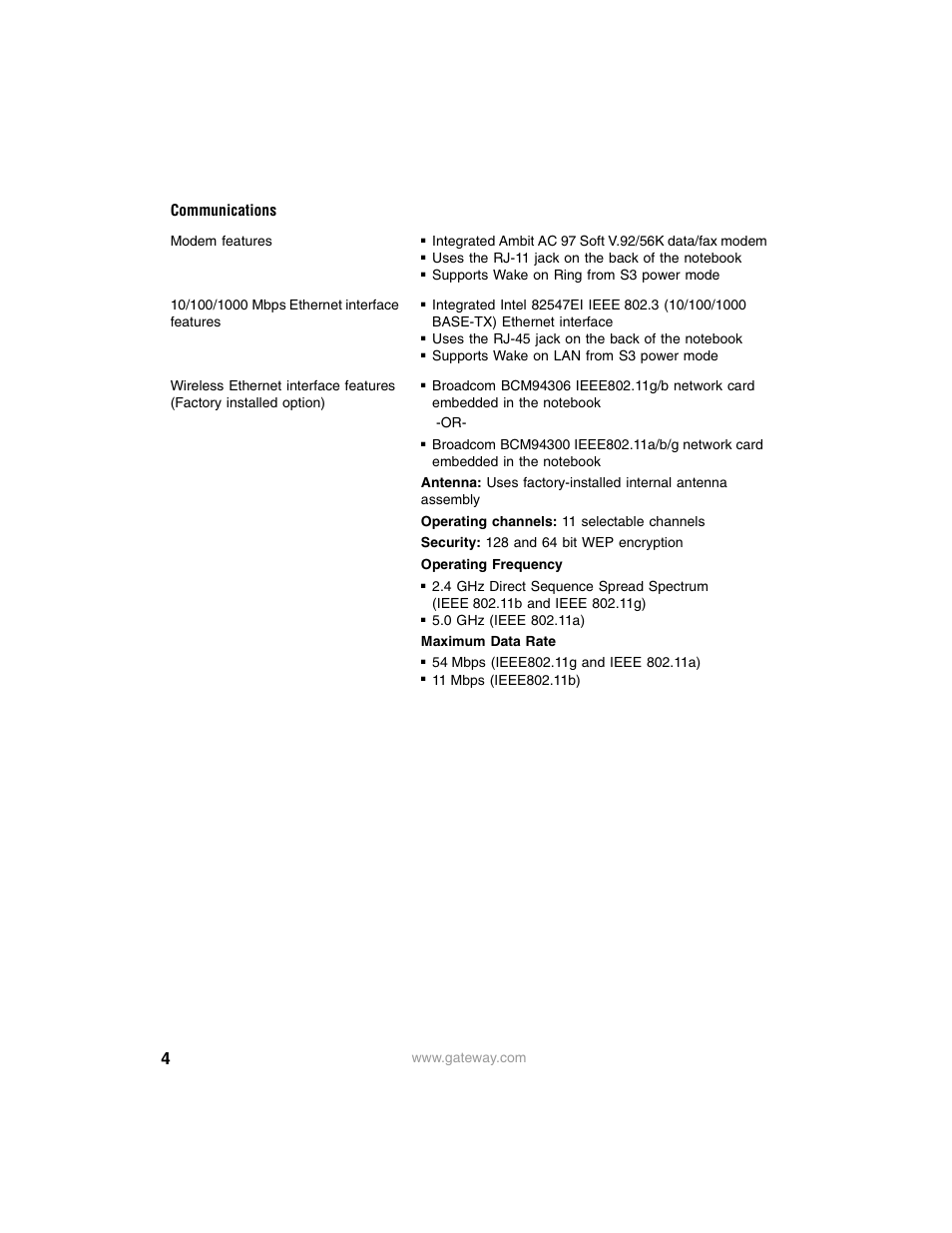 Communications | Gateway M675 User Manual | Page 4 / 10