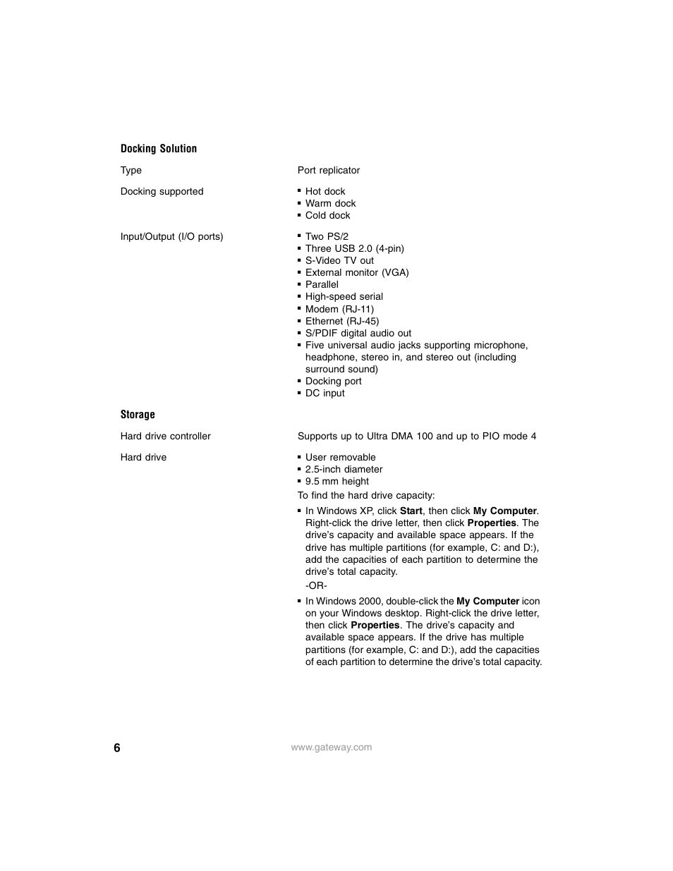 Docking solution, Storage | Gateway M675 User Manual | Page 6 / 10