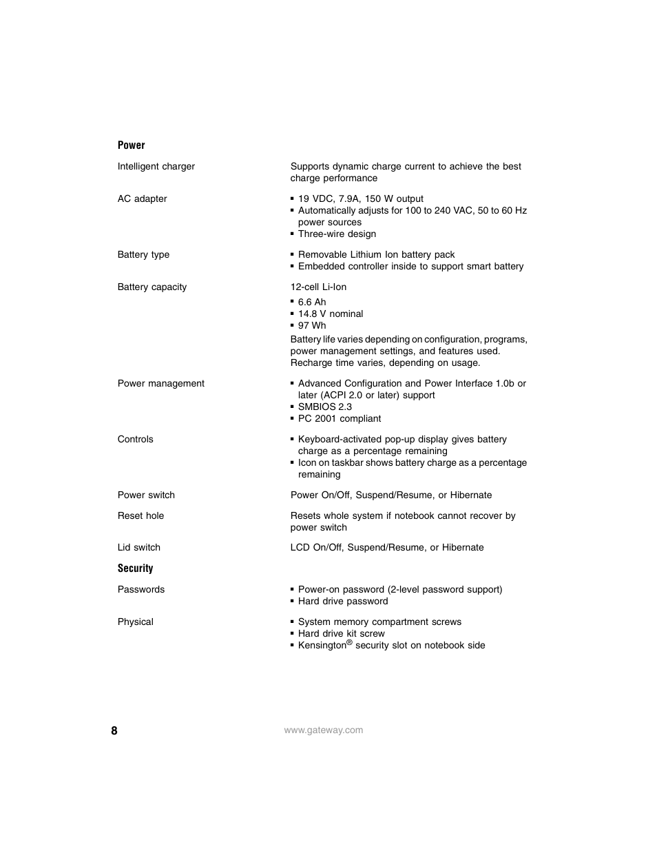 Power, Security | Gateway M675 User Manual | Page 8 / 10