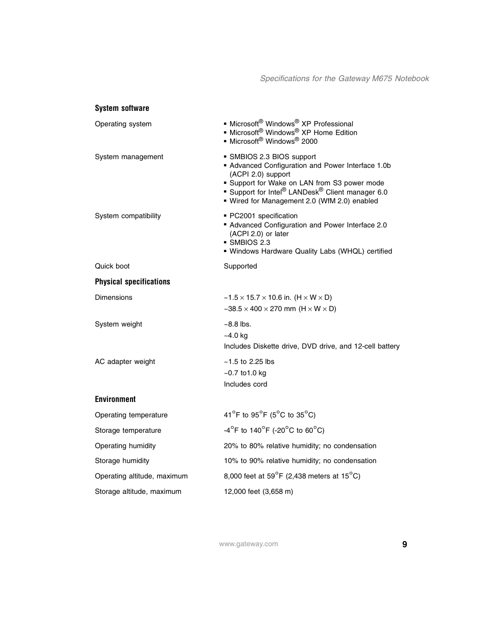 System software, Physical specifications, Environment | Gateway M675 User Manual | Page 9 / 10