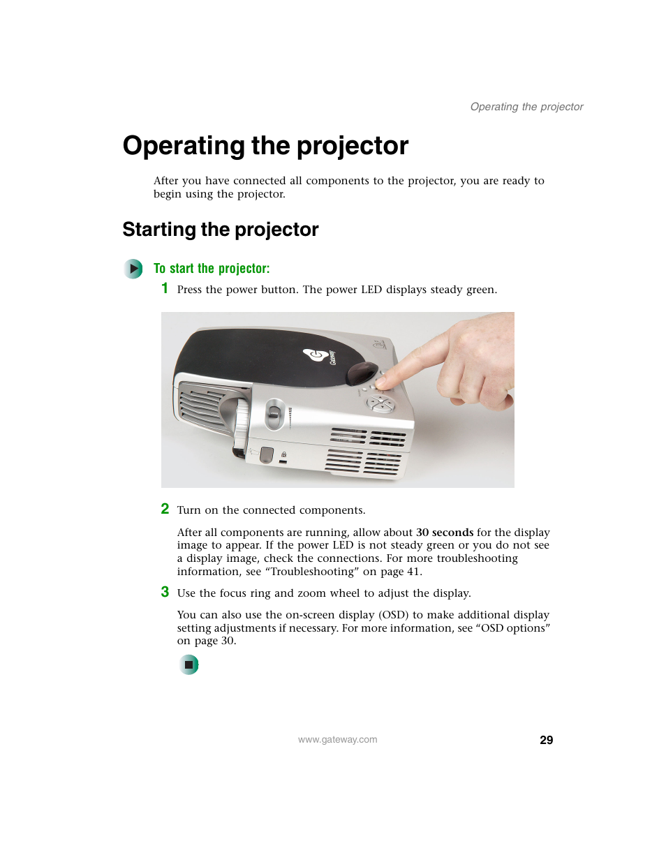 Operating the projector, Starting the projector | Gateway 210 User Manual | Page 33 / 58