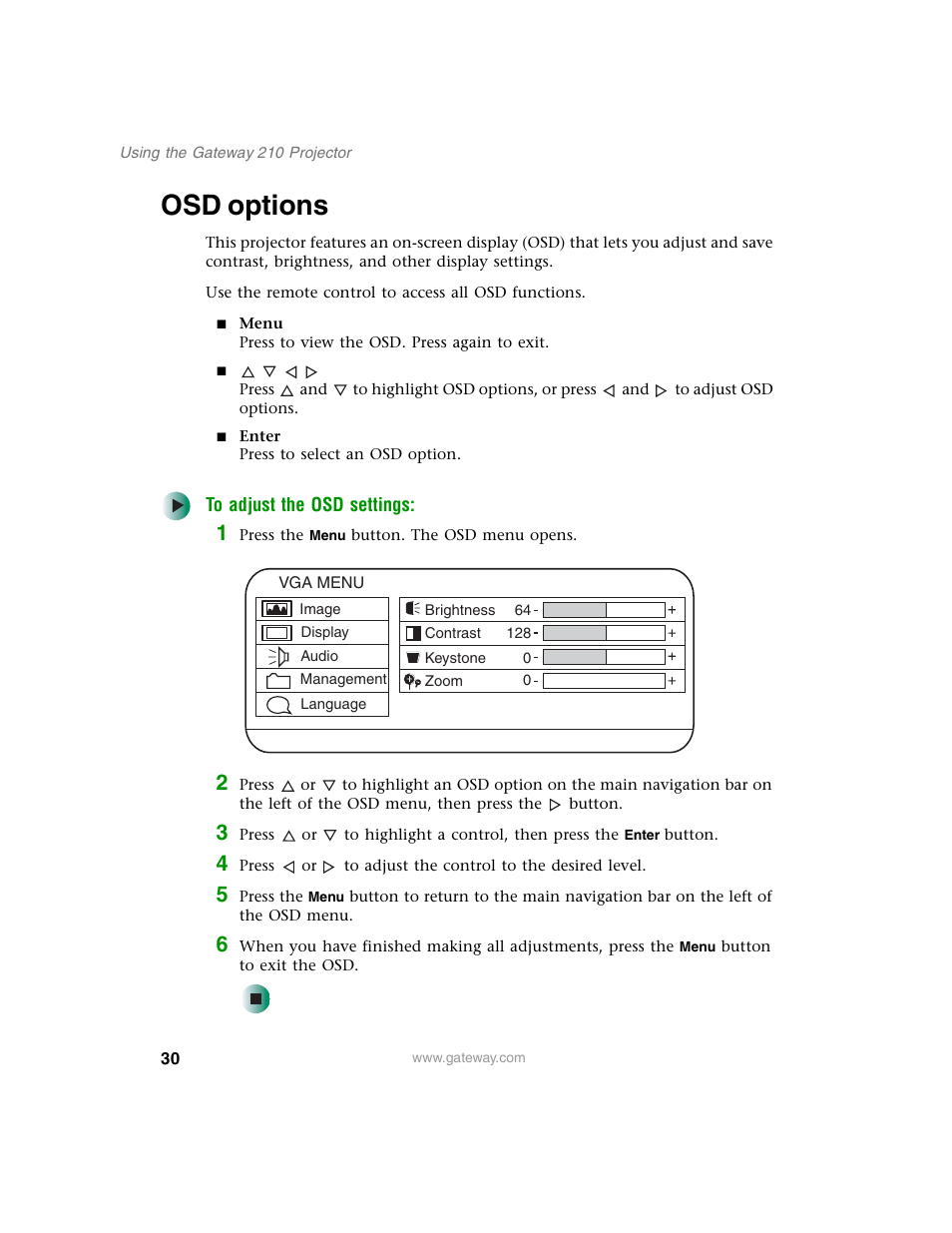 Osd options | Gateway 210 User Manual | Page 34 / 58