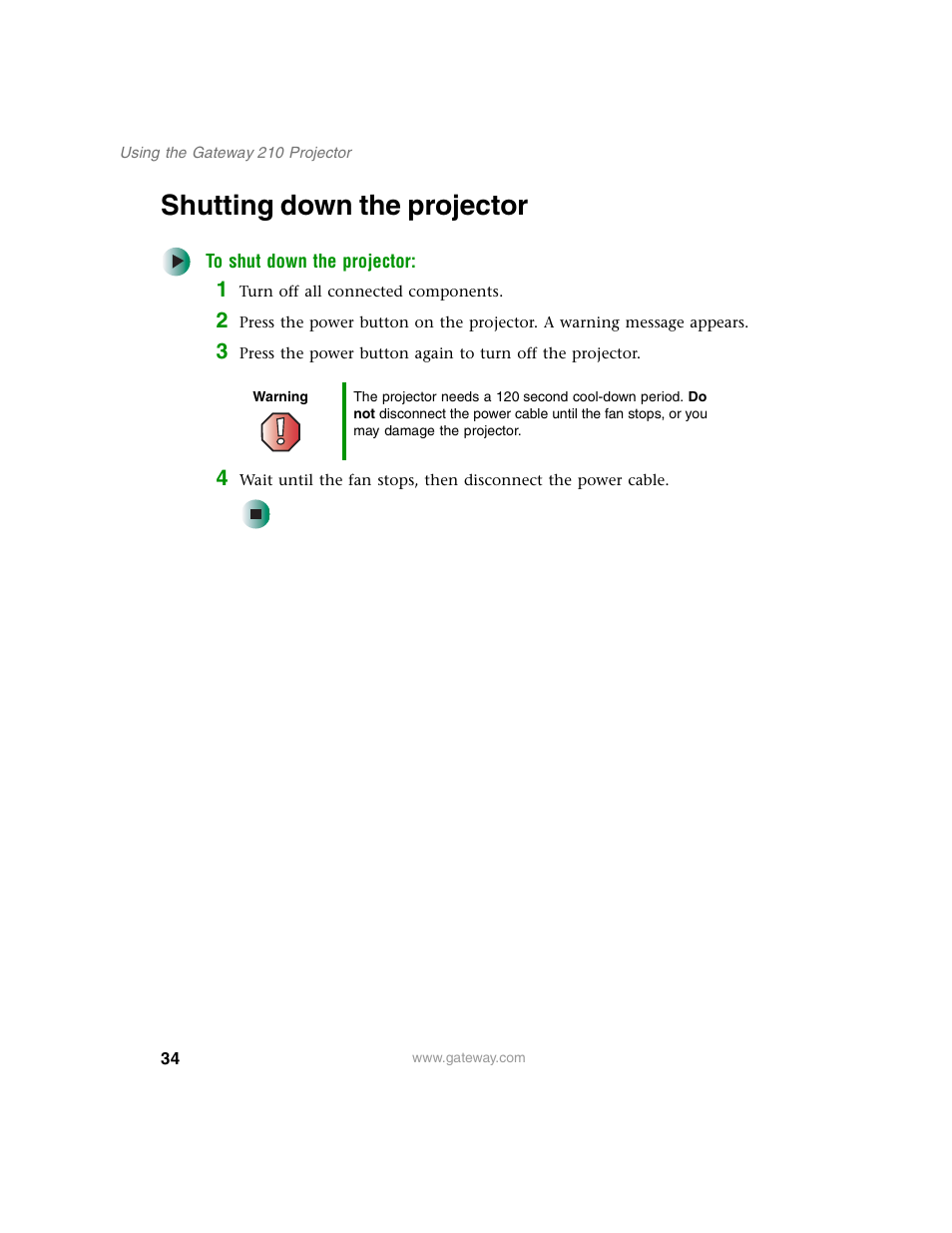 Shutting down the projector | Gateway 210 User Manual | Page 38 / 58