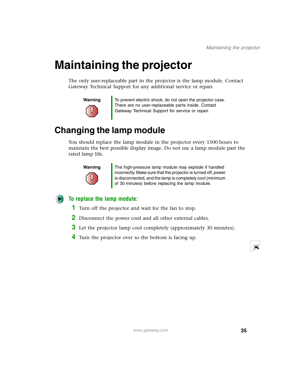 Maintaining the projector, Changing the lamp module | Gateway 210 User Manual | Page 39 / 58