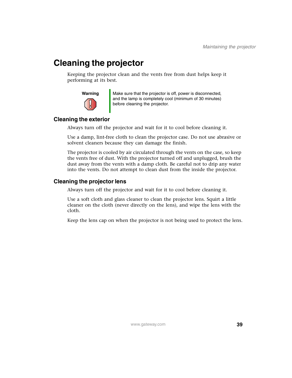 Cleaning the projector | Gateway 210 User Manual | Page 43 / 58