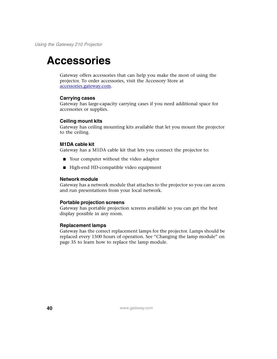 Accessories | Gateway 210 User Manual | Page 44 / 58