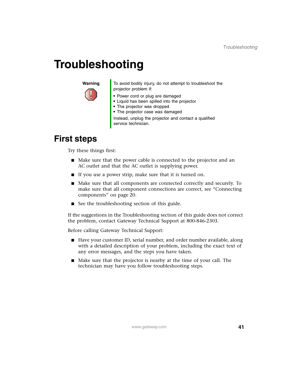 Troubleshooting, First steps | Gateway 210 User Manual | Page 45 / 58