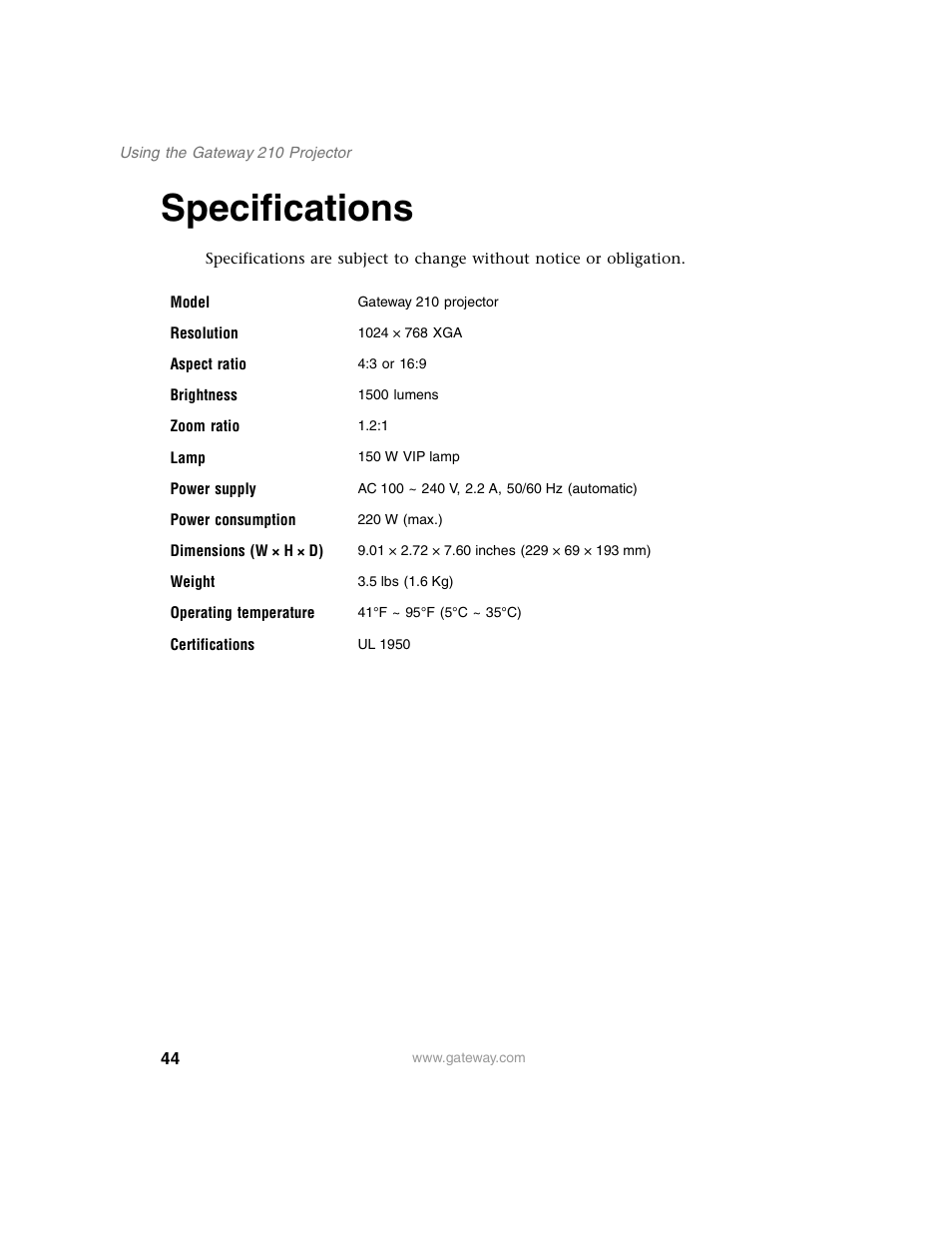 Specifications | Gateway 210 User Manual | Page 48 / 58