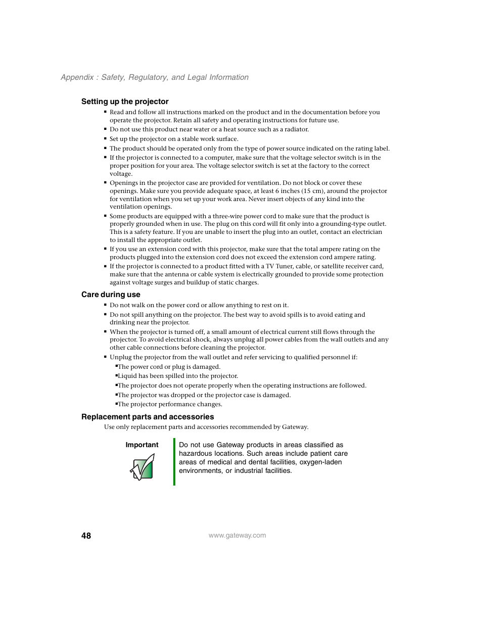 Setting up the projector, Care during use, Replacement parts and accessories | Gateway 210 User Manual | Page 52 / 58