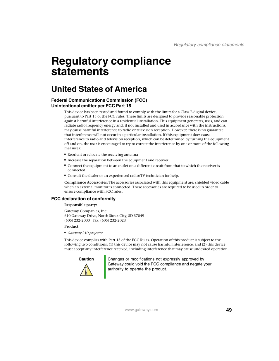 Regulatory compliance statements, United states of america | Gateway 210 User Manual | Page 53 / 58